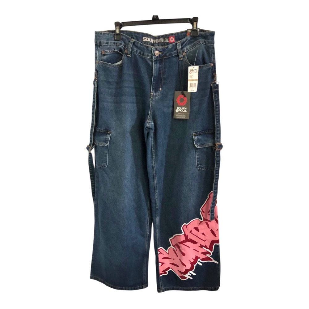 Southpole pink graffiti print skater steampunk baggy cargo style jeans size 9/29
